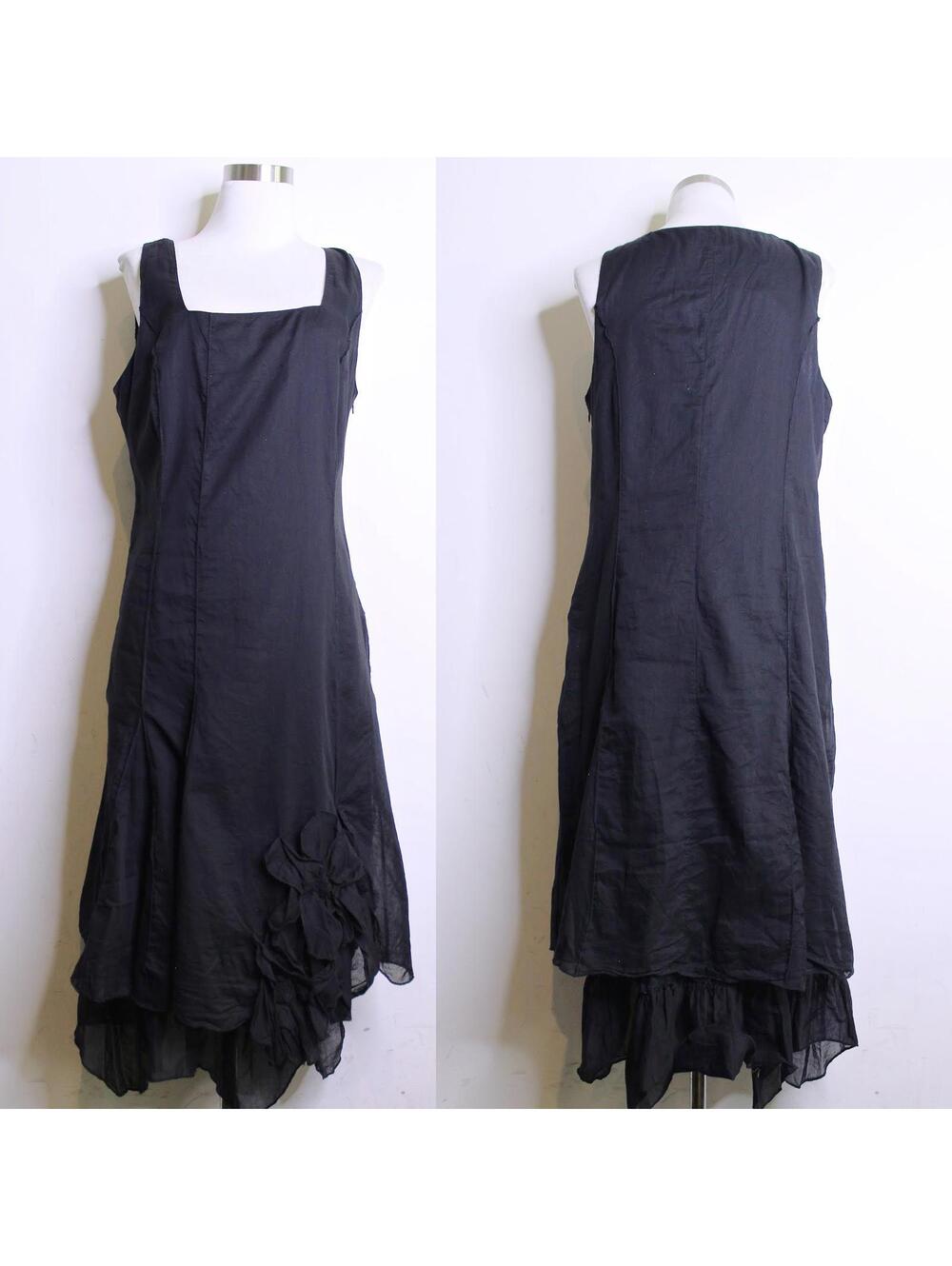 Black Cotton Abstract Floral Midi Sleeveless Dress - Large